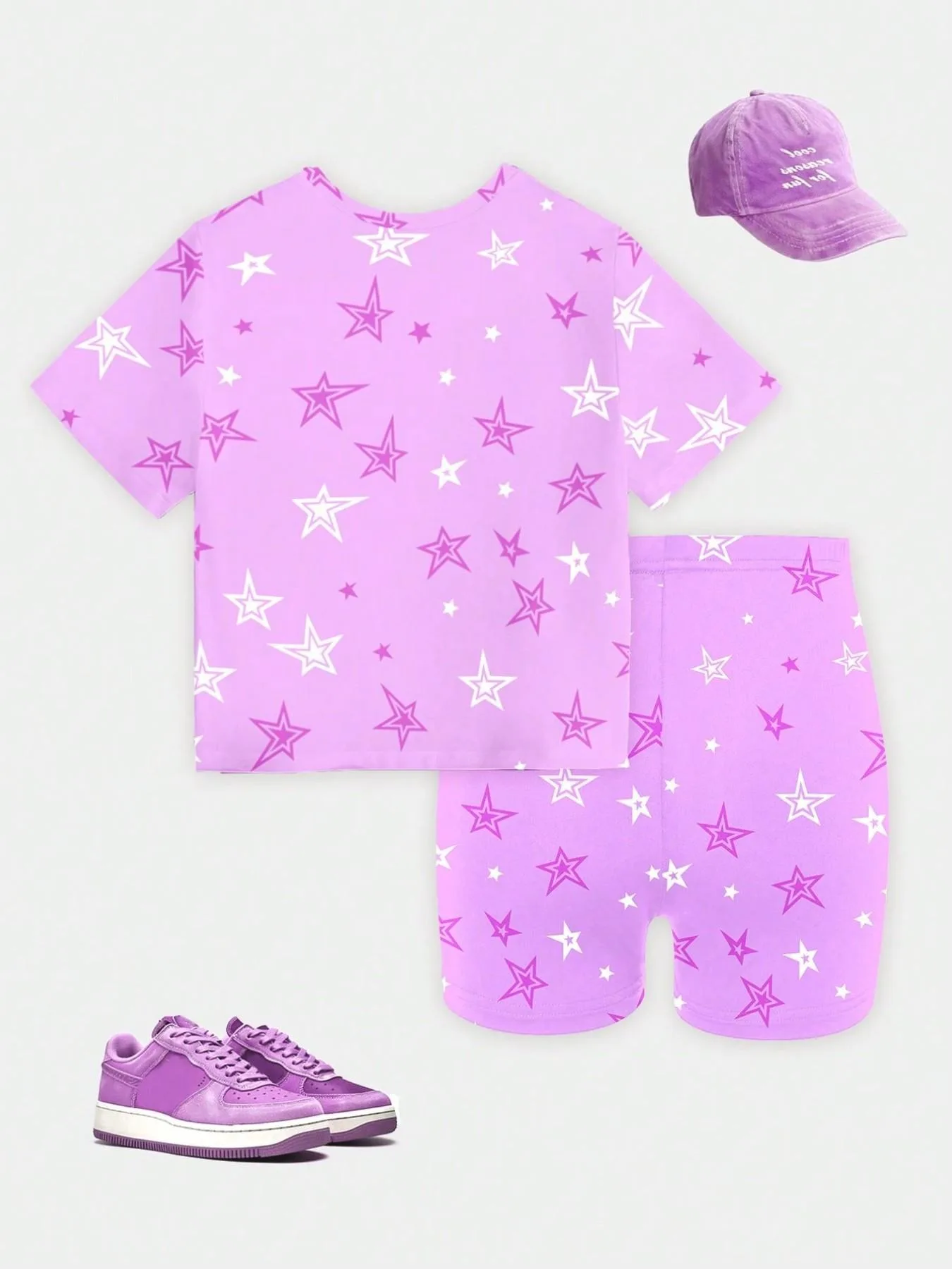 Comfy Kids Girls 2-Piece Set, Soft Breathable K-Pop Print T-Shirt + Star Biker Shorts for Daily & Play