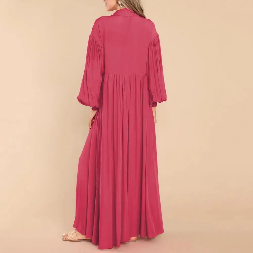 Casual Style Maxi Dress Elegant Pleated Maxi Dress with Turn-down Collar A-line Silhouette Women's Fall Spring for Effortless