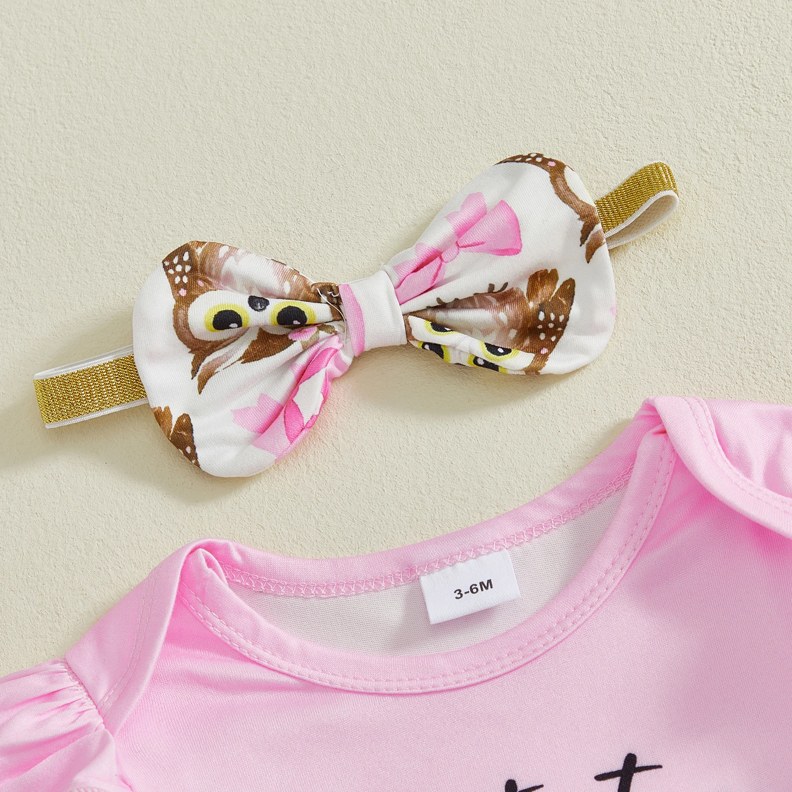 3 قطع ملابس الربيع للفتيات الرضع كشكش طويلة الأكمام طاقم الرقبة البومة طباعة رومبير مرونة الخصر السراويل ومجموعة عصابات رأس #6