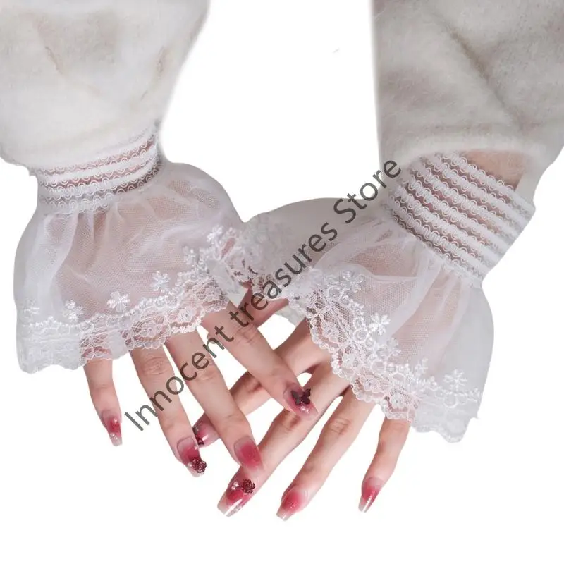 3XUA زوج واحد من أكمام الذراع بطبقة مزدوجة من الدانتيل المطرز بالزهور للنساء مناسبة مادة النايلون المريحة