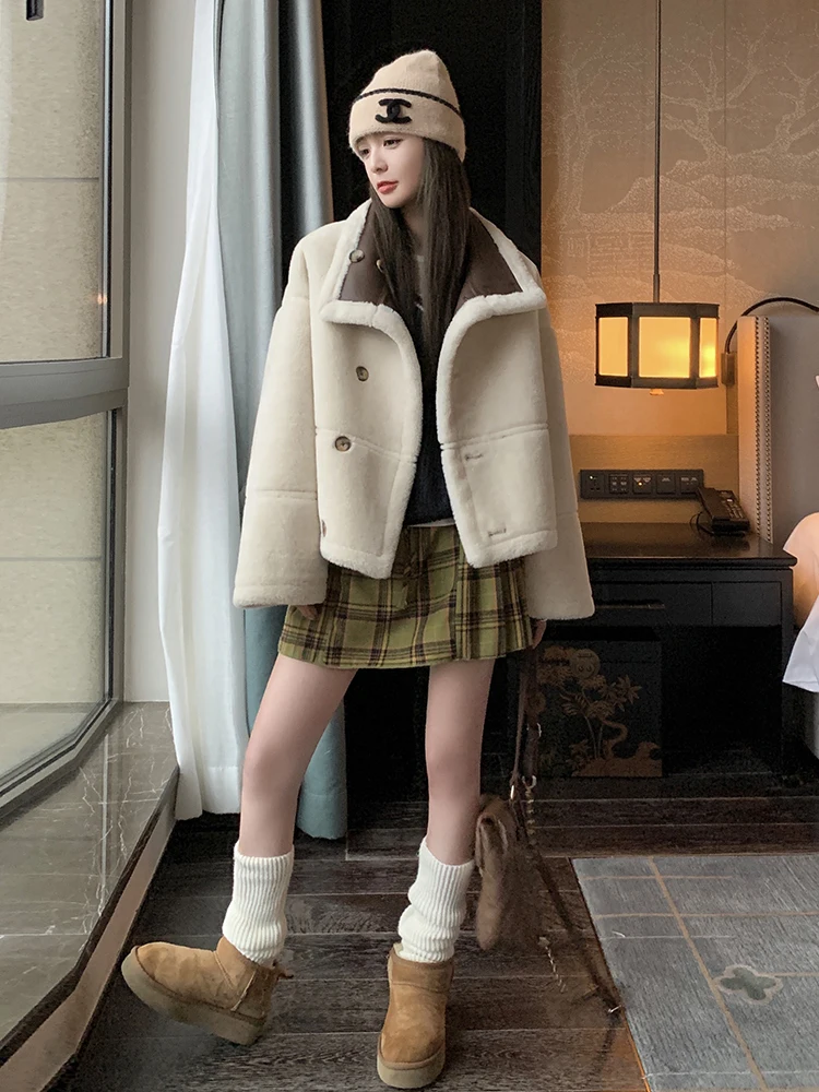 Casual Lamb Wool Quilted Jackets Women Korean Fashion Thick 2023 Autumn Winter Faux Fur Long Sleeve Warm Female Lapel Coat