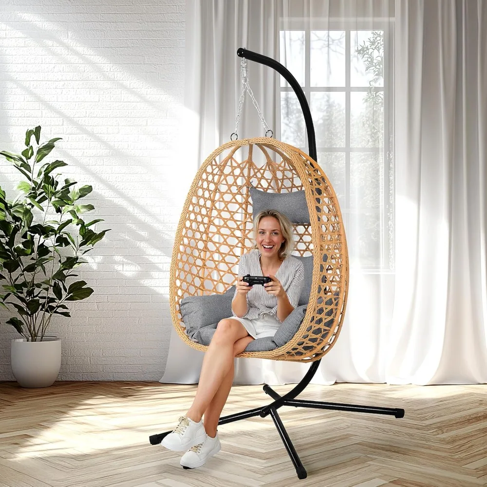 

Egg Chair with Cushions – Comfortable Rattan Swing Chair with Stand for Patio, Garden, or Balcony – Stylish