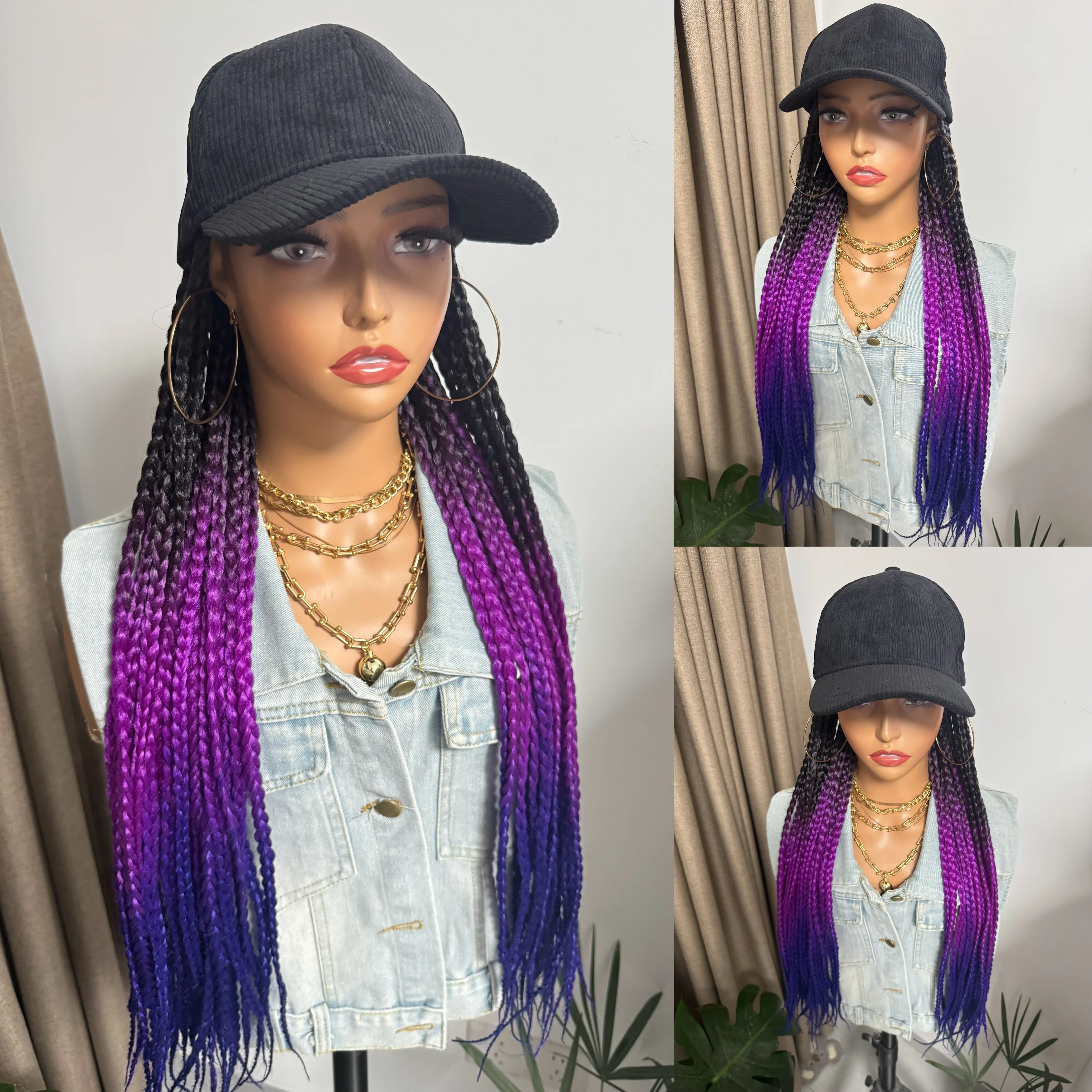 

WIGERA Ombre Black Dark Light Deep Purple Long 24“Box Braided Synthetic Wig With Adjustable Baseball Cap Braids Hair Extensions