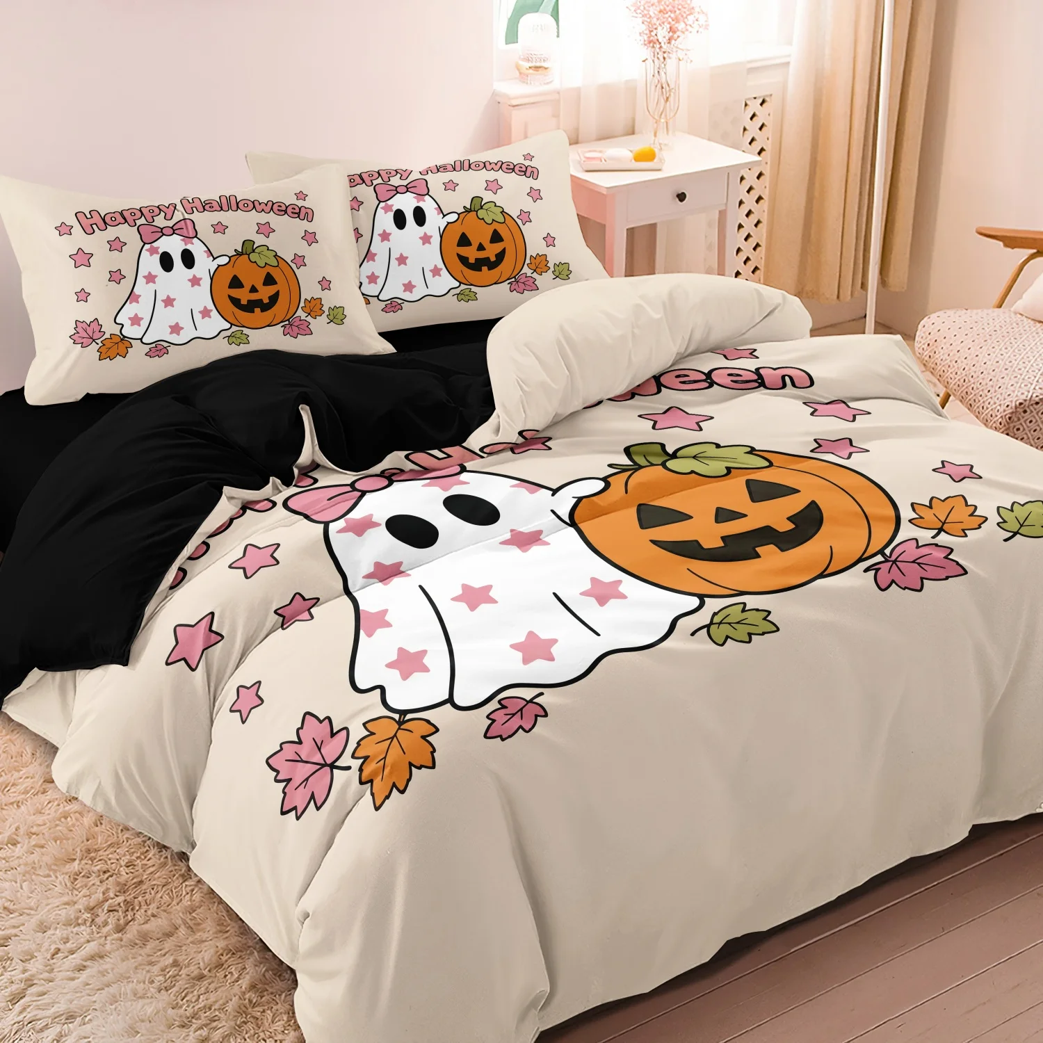 3Pcs Cute Bow Ghost Pumpkin Print Duvet Cove Set, Beige Happy Halloween Pink Star Maple Leaf Cartoon Print Bedding