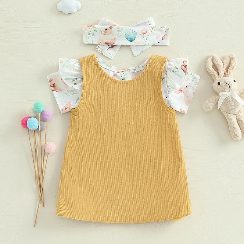 Roupa de Páscoa para bebês meninas coelho ovo babado manga curta macacão vestido geral com amarração faixa de cabeça conjunto de primavera de 3 peças