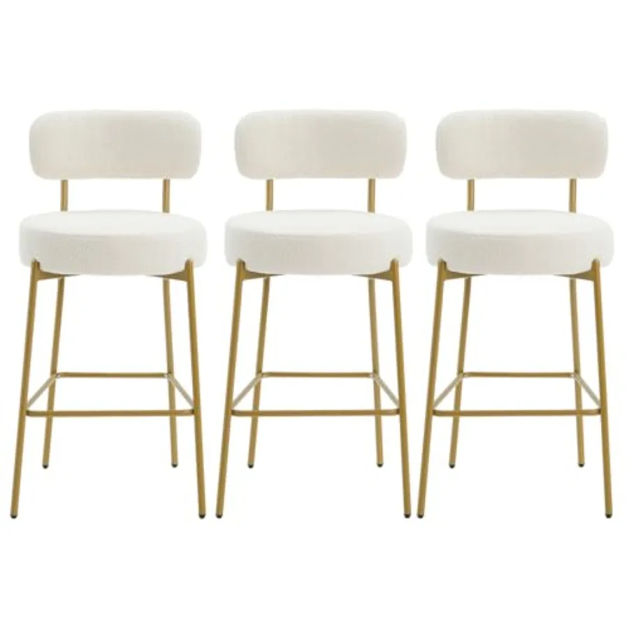 

Белые барные стулья, набор из 3 современных табуретов 24 дюйма со спинками, мягкие барные стулья букле с золотыми ножками для кухонного острова B