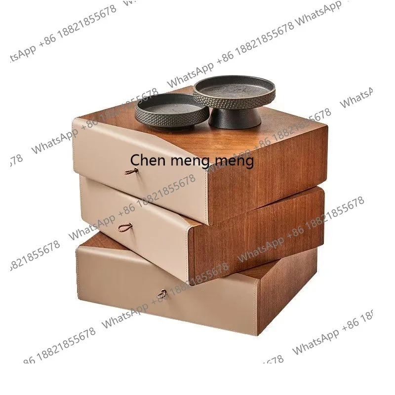 

Bedside table Walnut leather Italian minimalist bedside table Villa high-end rotating bedside table