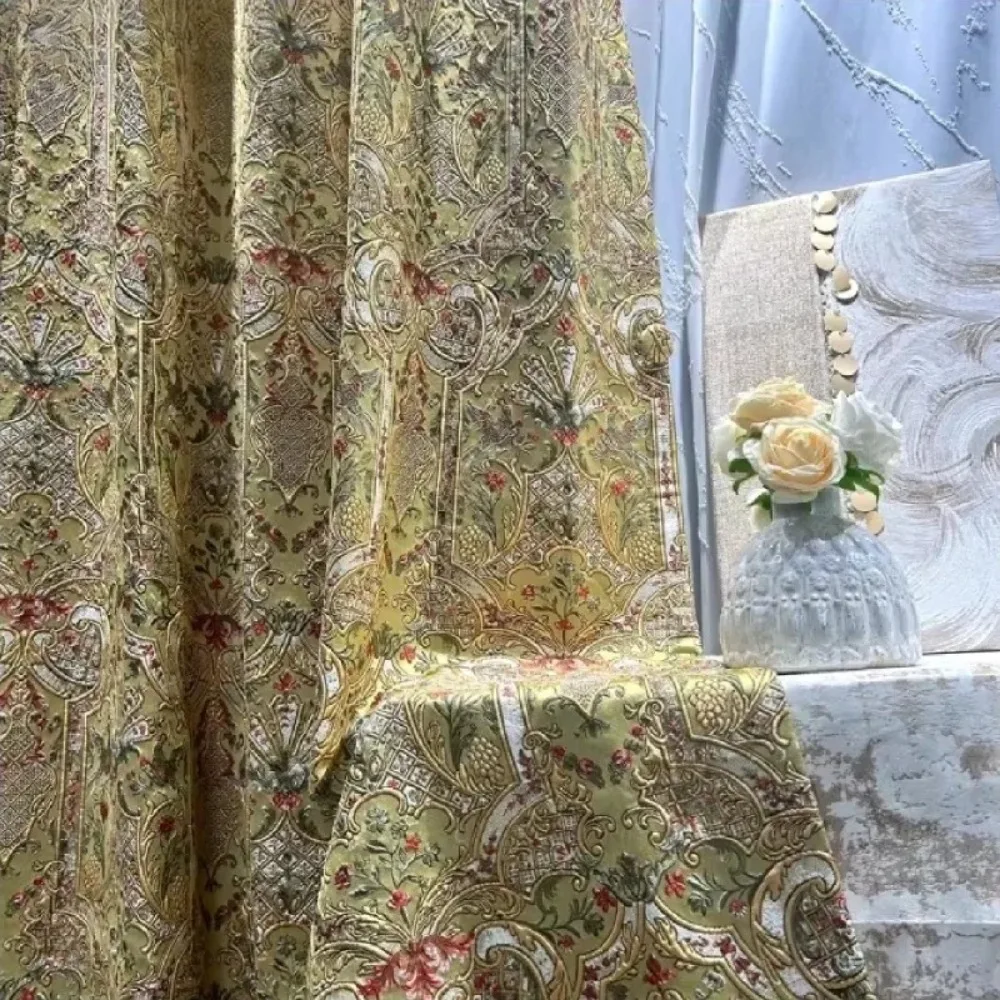 Custom Embossed Gold Jacquard Thickened Blackout Curtains for Living Room Bedroom French Window Balcony Window Villa
