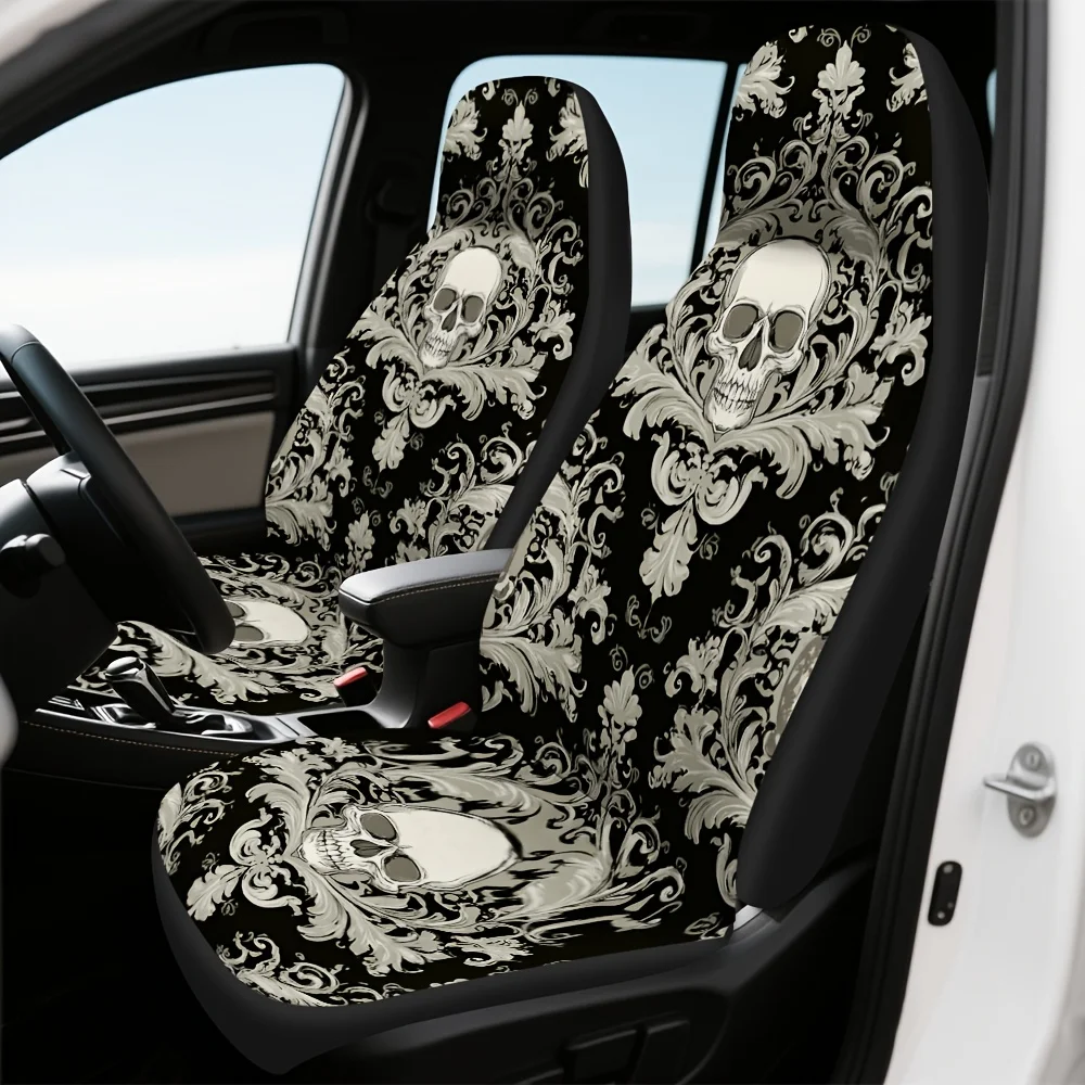 2pcs Gothic Baroque Skull Damask Car Seat Covers Compatible For SUV, Sedan, Truck - Fit Front Seat Protectors With Gothic Print,