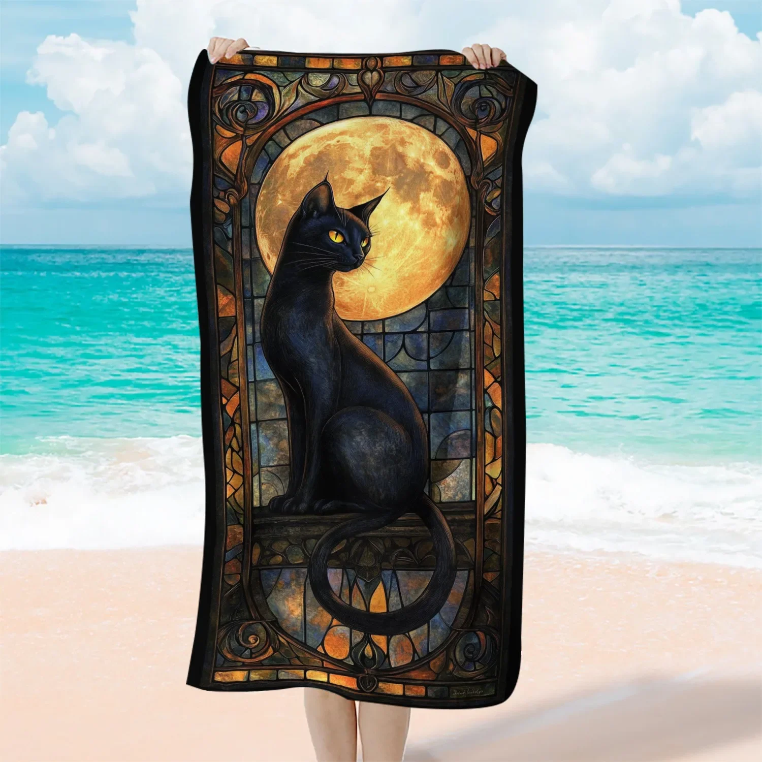 Black Cat Stained Glass Moon Beach Towel: A Stunning Summer Essential! Suitable for towels, bath towels, beach towels