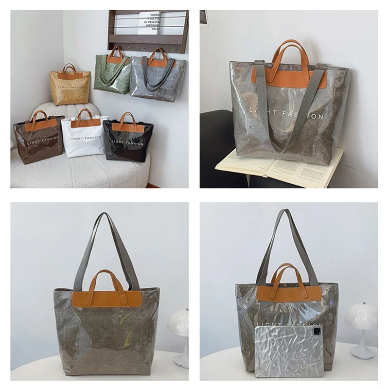 Klare Tragetasche aus PVC-Kraftpapier mit Farbkontrast, luxuriöse Vintage-Hobo-Umhängetasche, wasserdichte Shopper-Handtasche mit Buchstaben oben – Detail 17