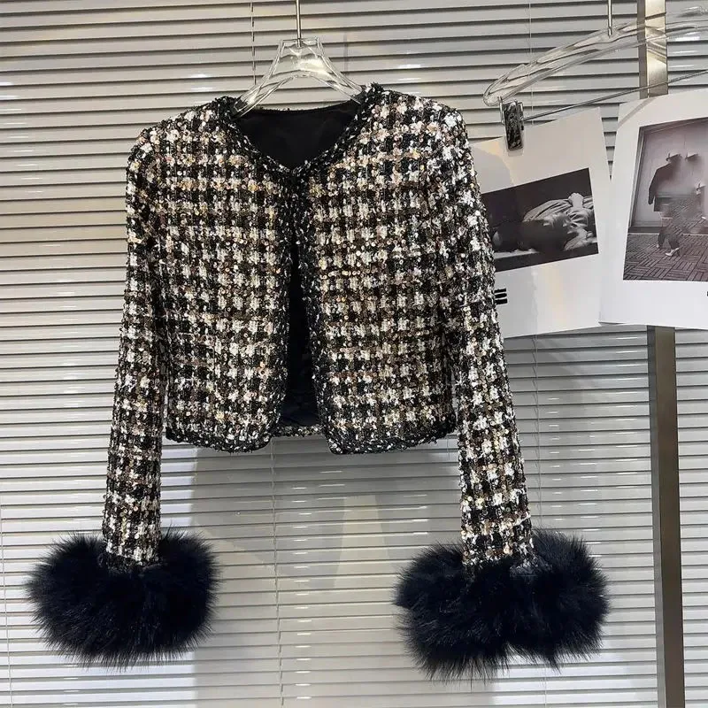 

Korean Vintage Black White Plaid Jackets Autumn Sequin Tweed Coat Women Fashion New Woolen Women's Clothing Suit