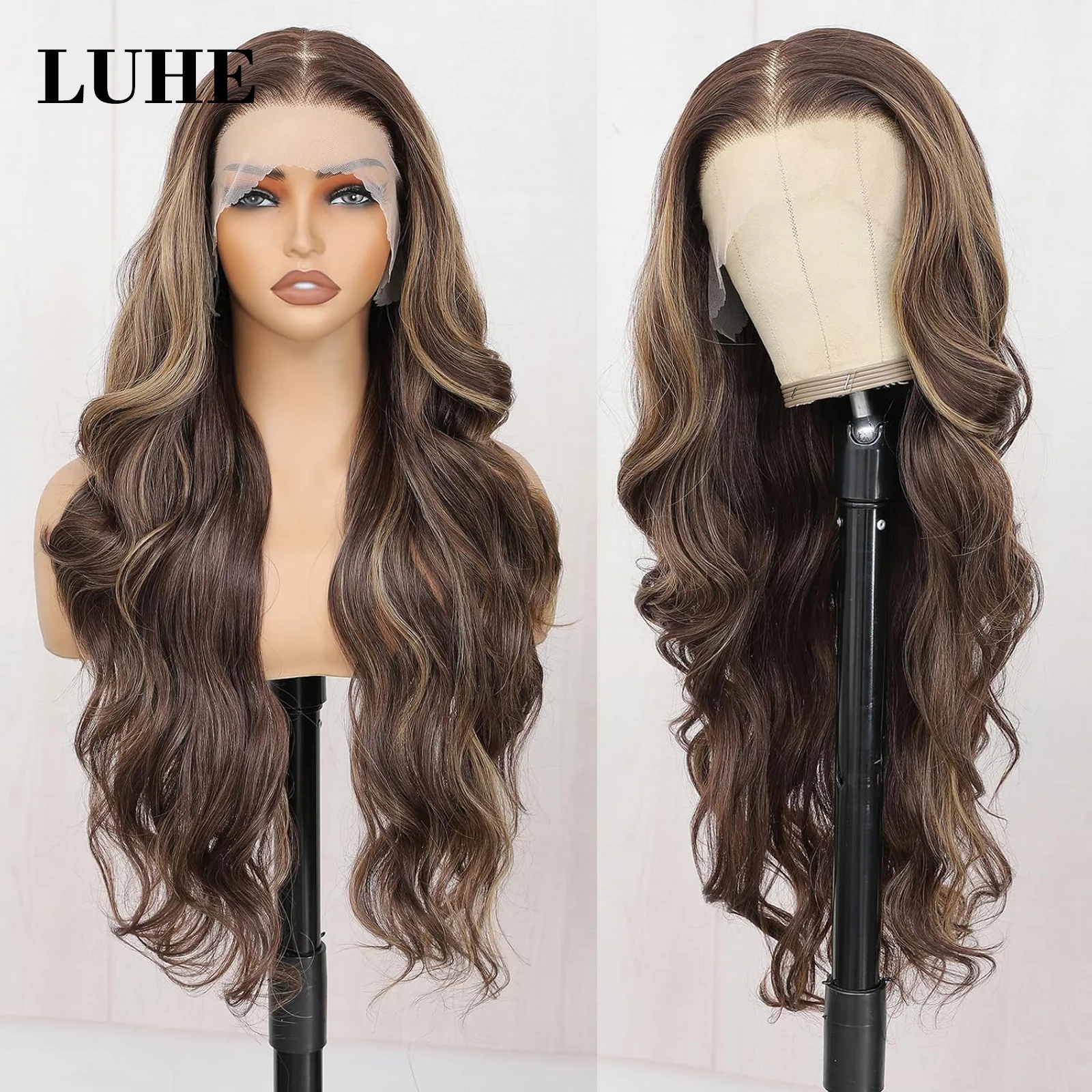 13x3 Body Wave Lace Front Wigs for Black Women Brown Hightlight Lace Frontal Wig Pre Plucked 26Inch Long Wavy Synthetic Hair Wig