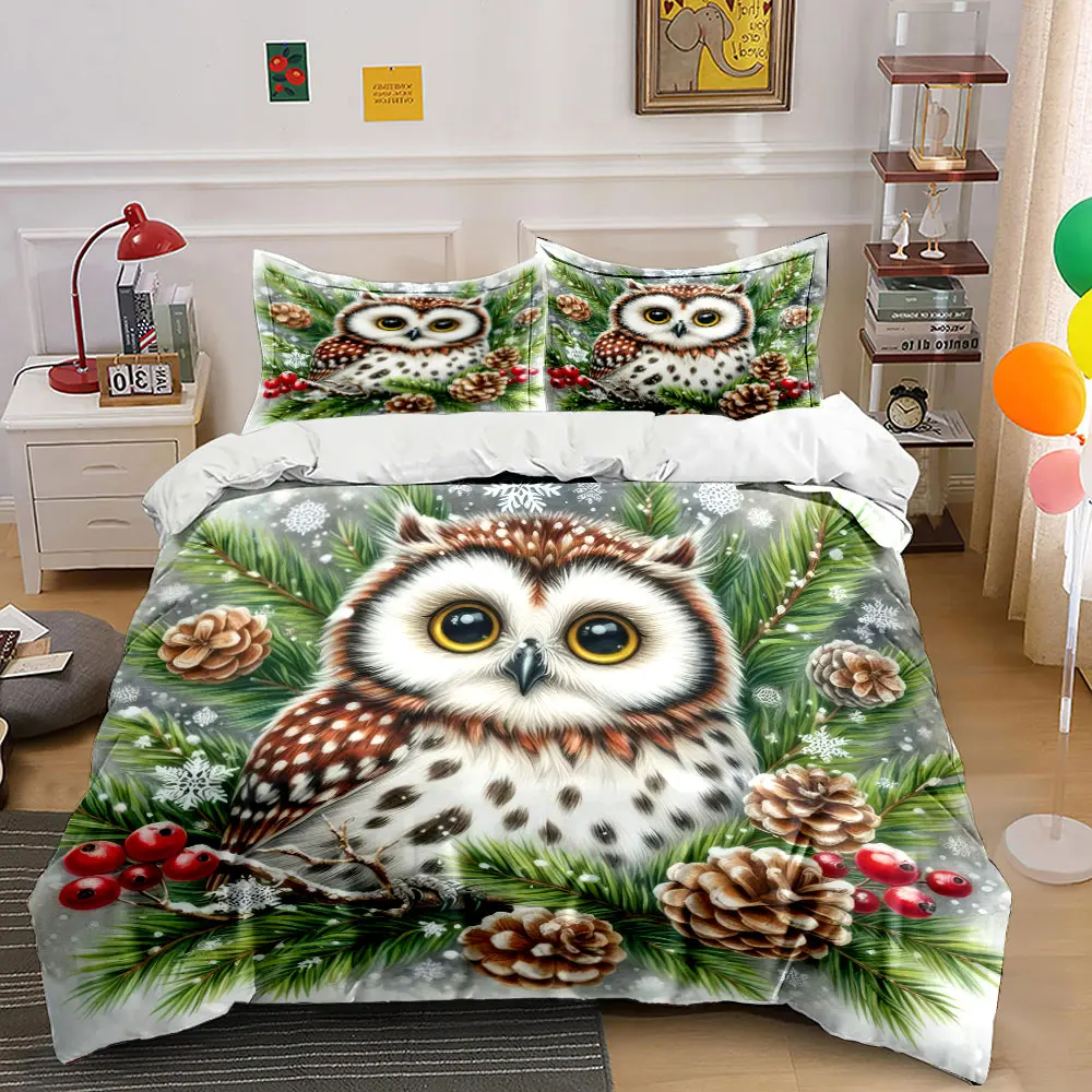 Adorable owl amidst winter pine branches and snowflakes Print Duvet Cover Bedding Set Included 1*Duvet Cover 2*Pillowcases