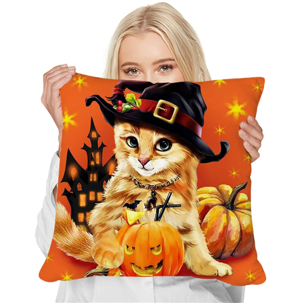 HX Halloween Cover Cushion Animal Cat Pumpkin Castle 3D Printed Throw Pillows Polyester Zip Pillow Cover Halloween Gifts