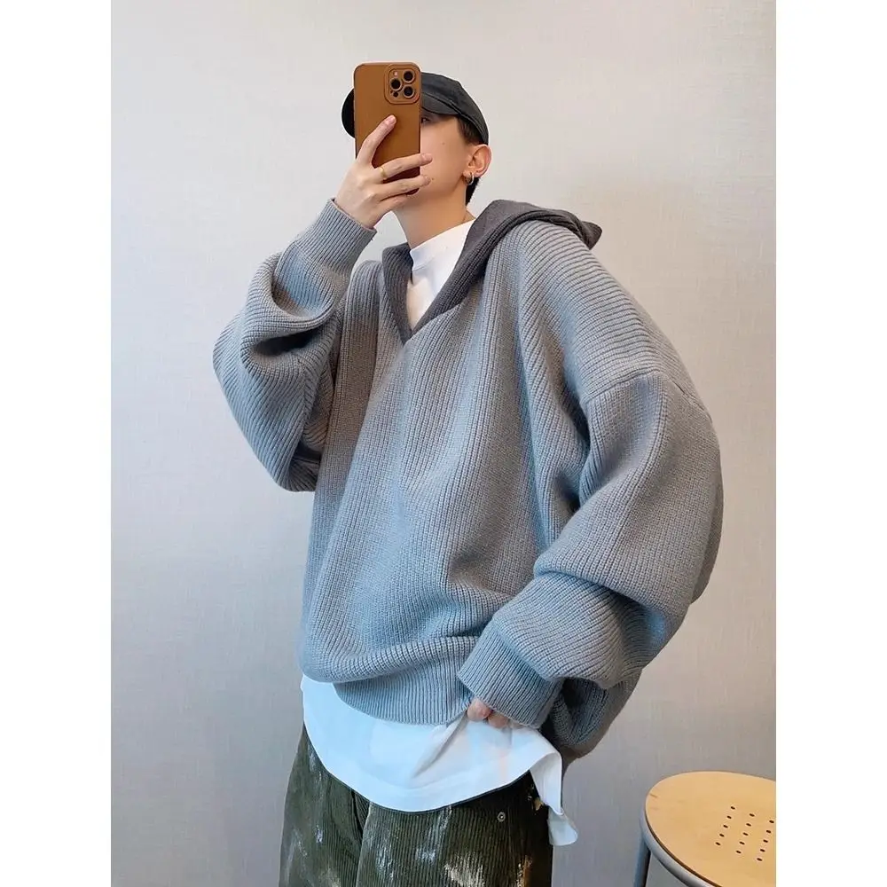 هودي فضفاض برقبة على شكل V للرجال، سترة محبوكة عصرية لفصلي الخريف والشتاء، قميص أساسي بأسلوب كوري كسول، سترة بياقة على شكل قلب #2