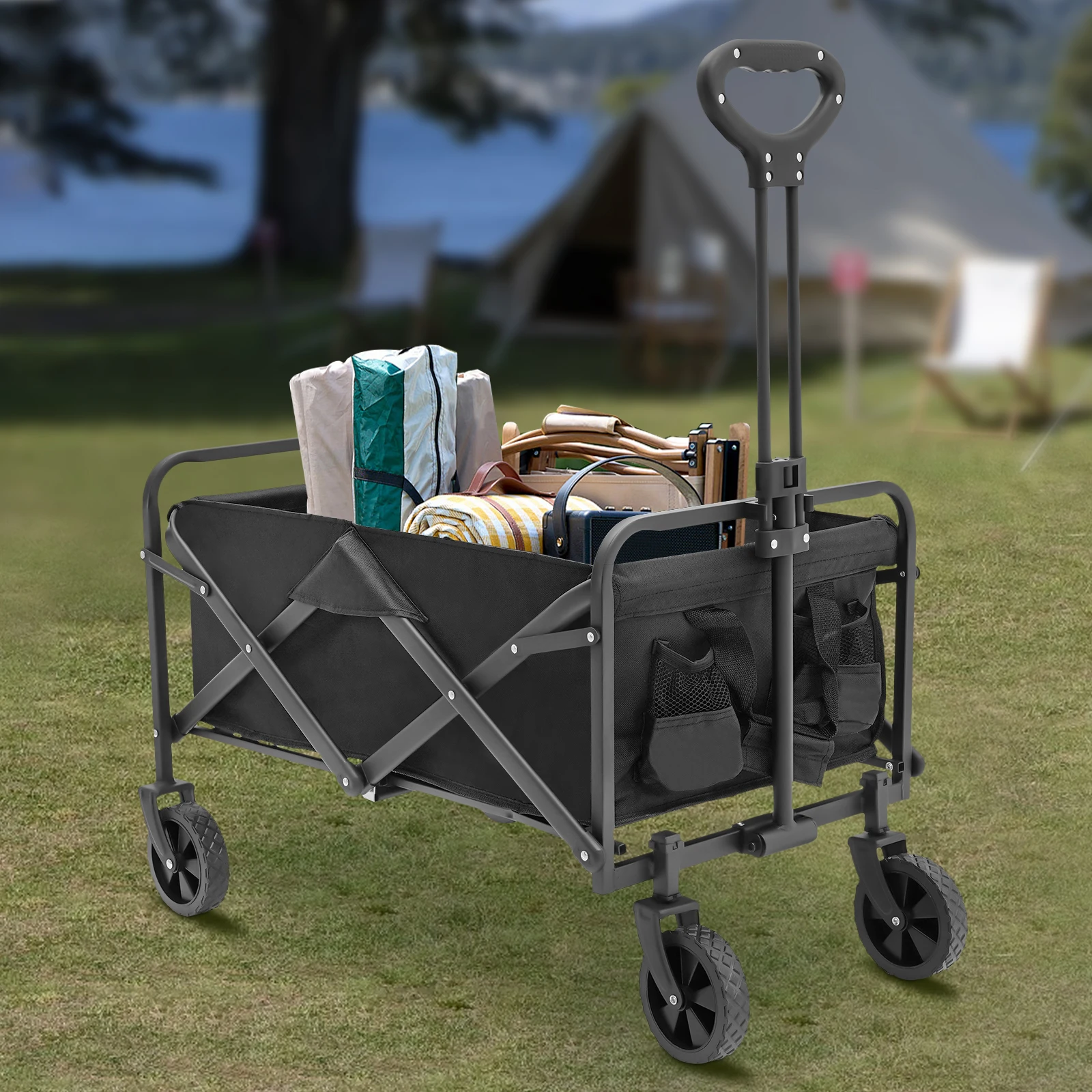 

Foldable Wagon Cart High Load-bearing Capacity Large Capacity Adjustable Handle for Outdoor Activities, Beaches, Gardens Black