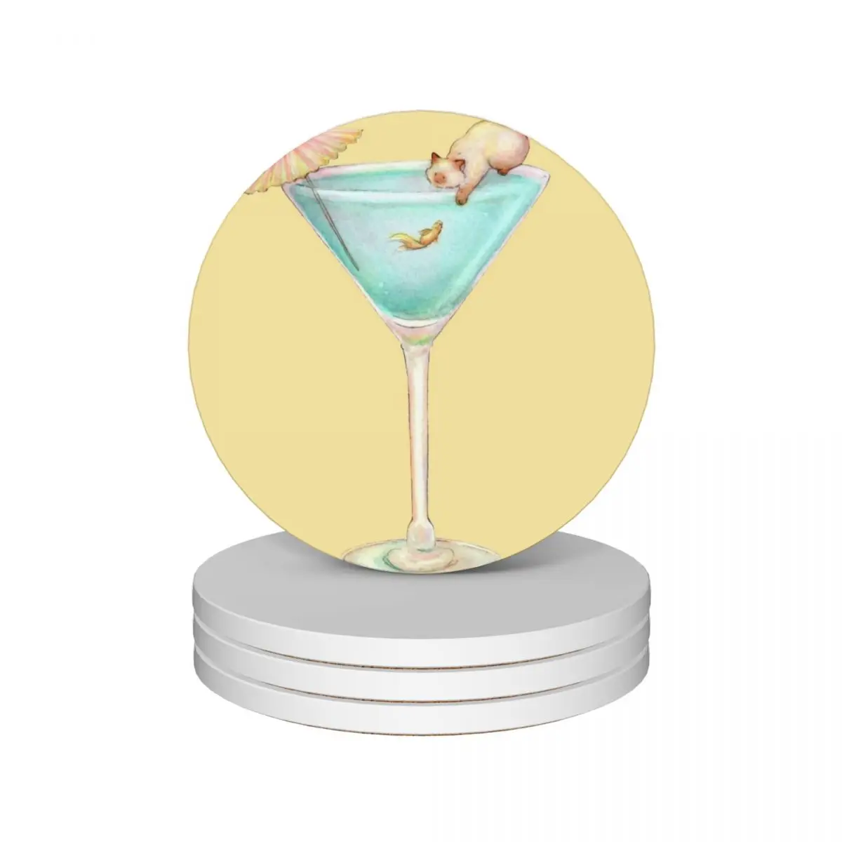 Kawaii Summer Cocktail, Cat playing with goldfish, summer vibes Ceramic Coasters (Set of 4) for cups set funny Coasters