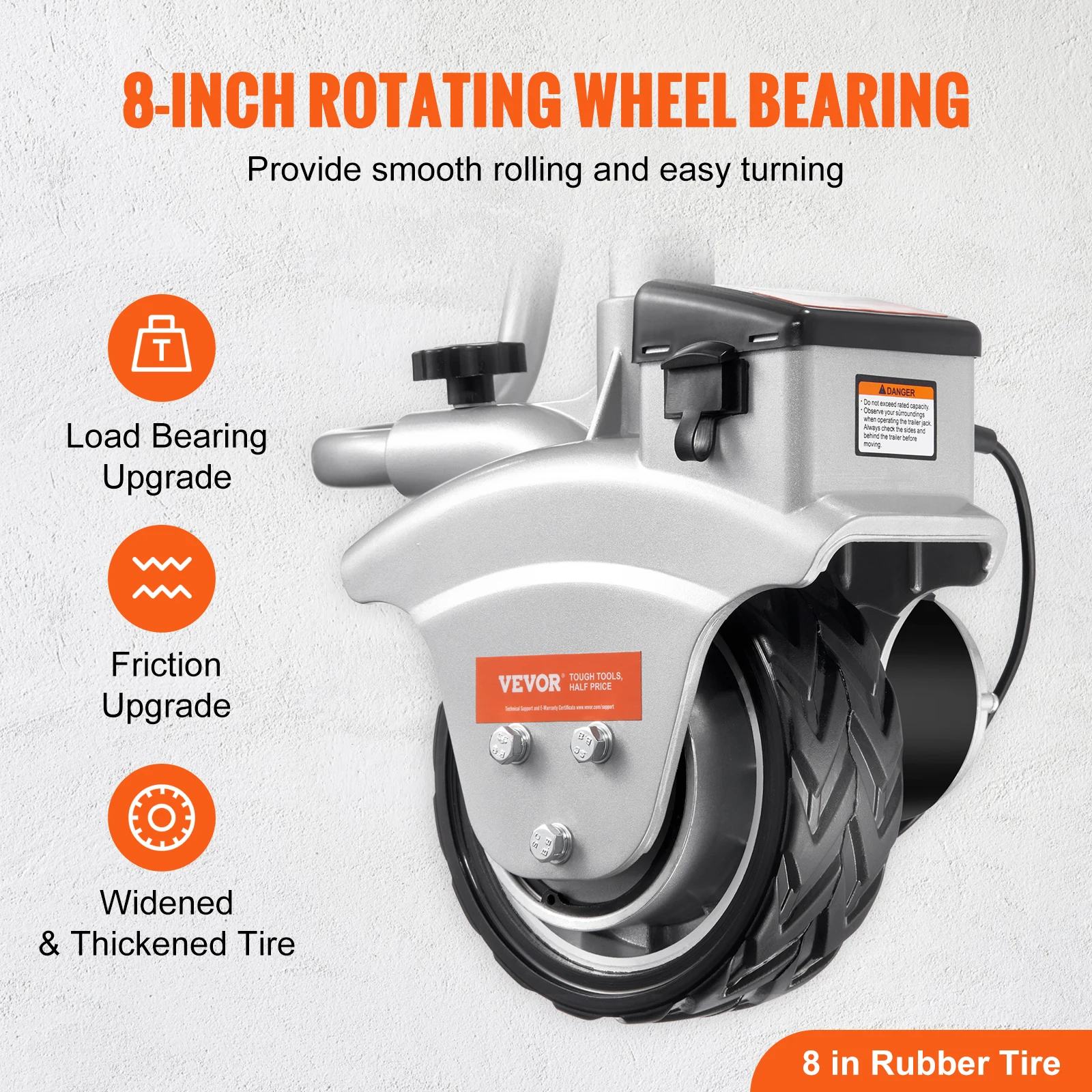 VEVOR Roue Jockey Motorisée Électrique Remorque 2268 kg Chariot de Remorque 350 W 12 V Vitesse Déplacement 6,7 m/min Hauteur Serrage 30,5-63 cm Pneu Caoutchouc 20,3 cm pour Remorques Caravanes Bateaux