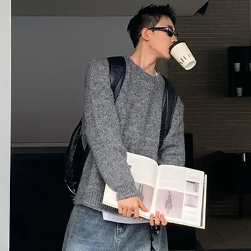 

Meirlinc Sli mat Red Knitted Sweater for Men Retro Versatile Trendy Ins Soft Polyester Fiber Long Sve round Ne