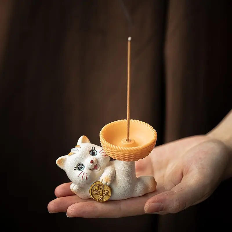 Cute Lucky Chinese Style Fortune Cat Incense Stick Holder Indoor Aromatherapy Burner Tea Table Ornament Home Decor Meditation