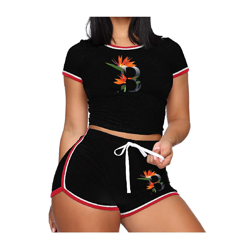 Womens 26 Letters B with Flowers Tracksuit Summer Short Sleeve T-shirts and Shorts Suit Casual Slim O Neck Cropped Tops