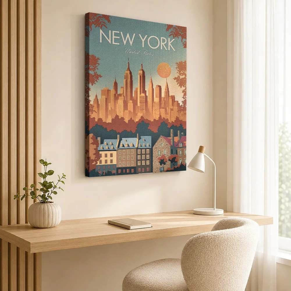 New York City Skyline Framed Canvas Print Personalized Photo Retro Decorative Illustration Wall Art For Travel Planning Corner