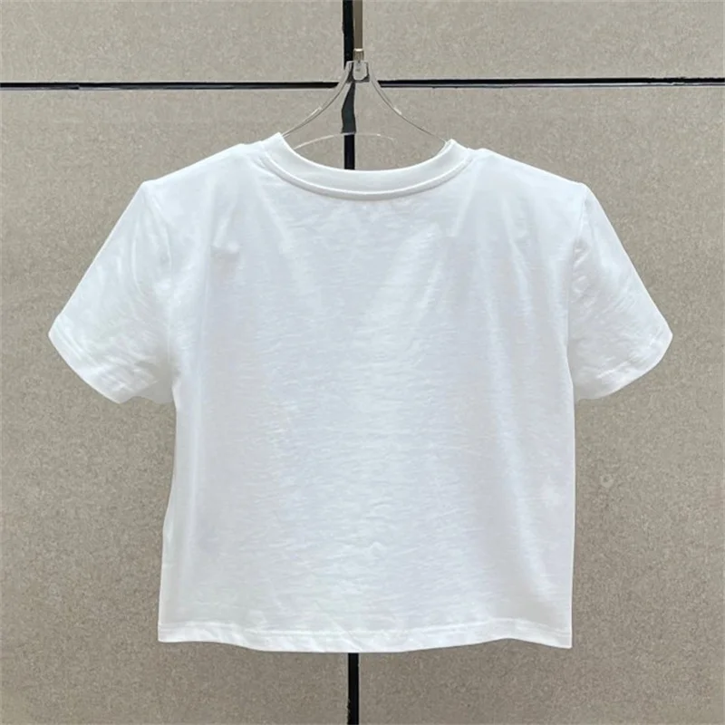 Camiseta para mujer, nueva camiseta de manga corta ajustada de punto elástico para verano 2025, jersey de algodón puro ahuecado bordado y2k