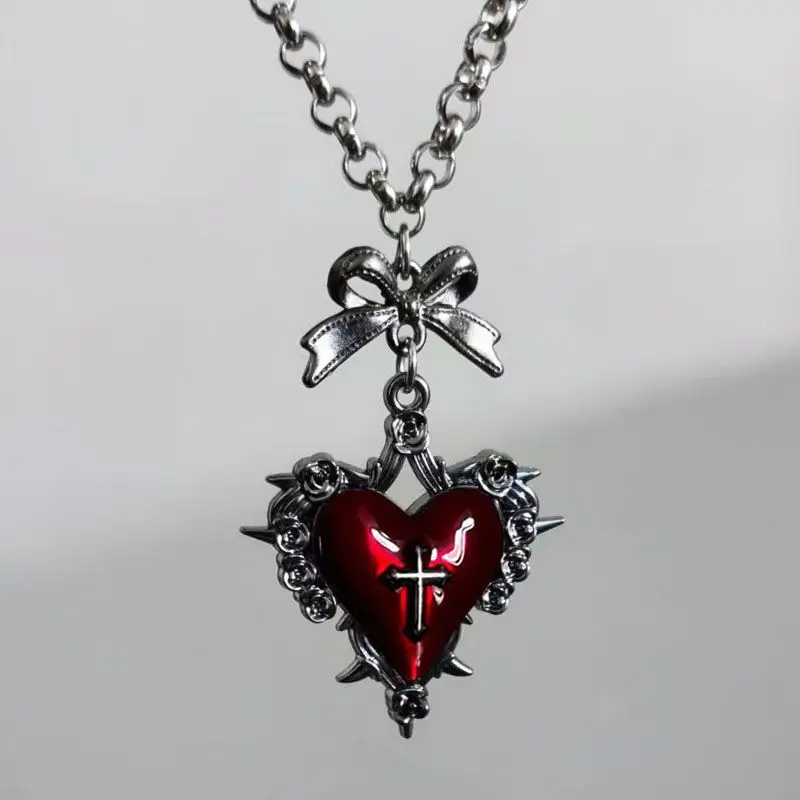 Y2K Bow Heart Pendant Necklace for Women Girls Gothic Red Drip Oil Thorn Cross Choker Necklaces Party Jewelry Accessories