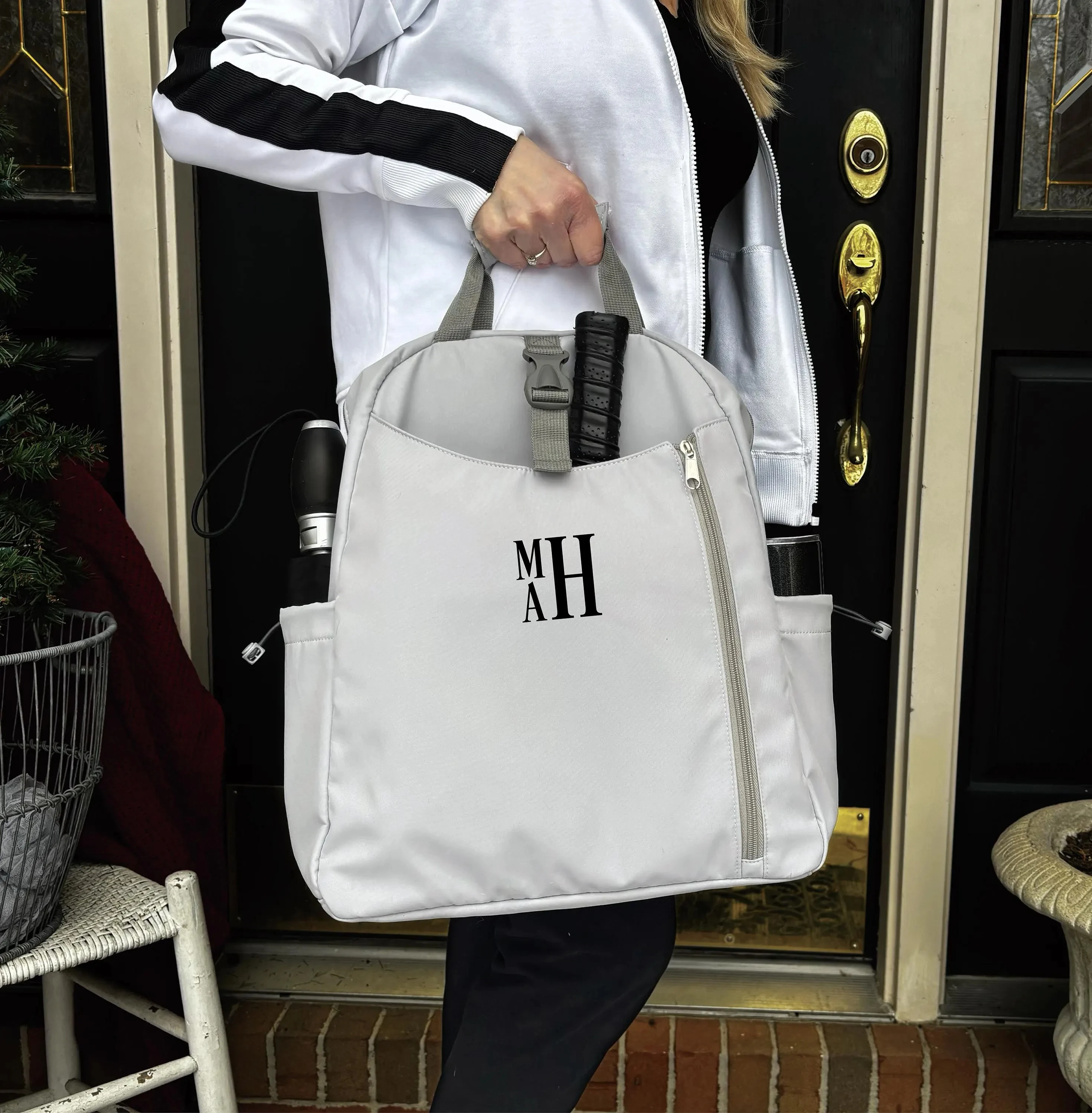 

Personalized Pickleball Bag Gray Nylon Paddle Backpack with Monogram Custom Sports Equipment Tote Unisex Gift for Pickleball