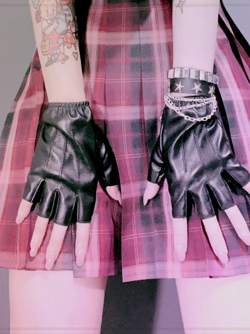 Harajuku Dark Lolita Motorcycle Haulage Motor Fingerless Gloves Female Punk Steam Rock Black Fashion Gloves Y2k Accessories