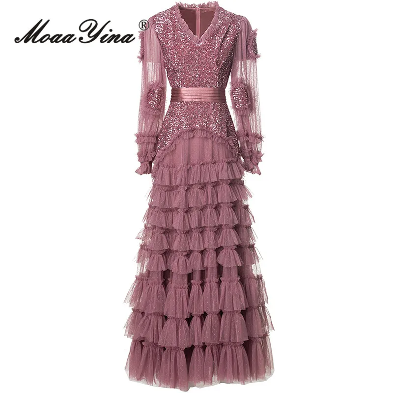 MoaaYina Vestido feminino de malha de renda com decote em V manga lanterna em camadas plissado lantejoulas patchwork S-4XL ﻿