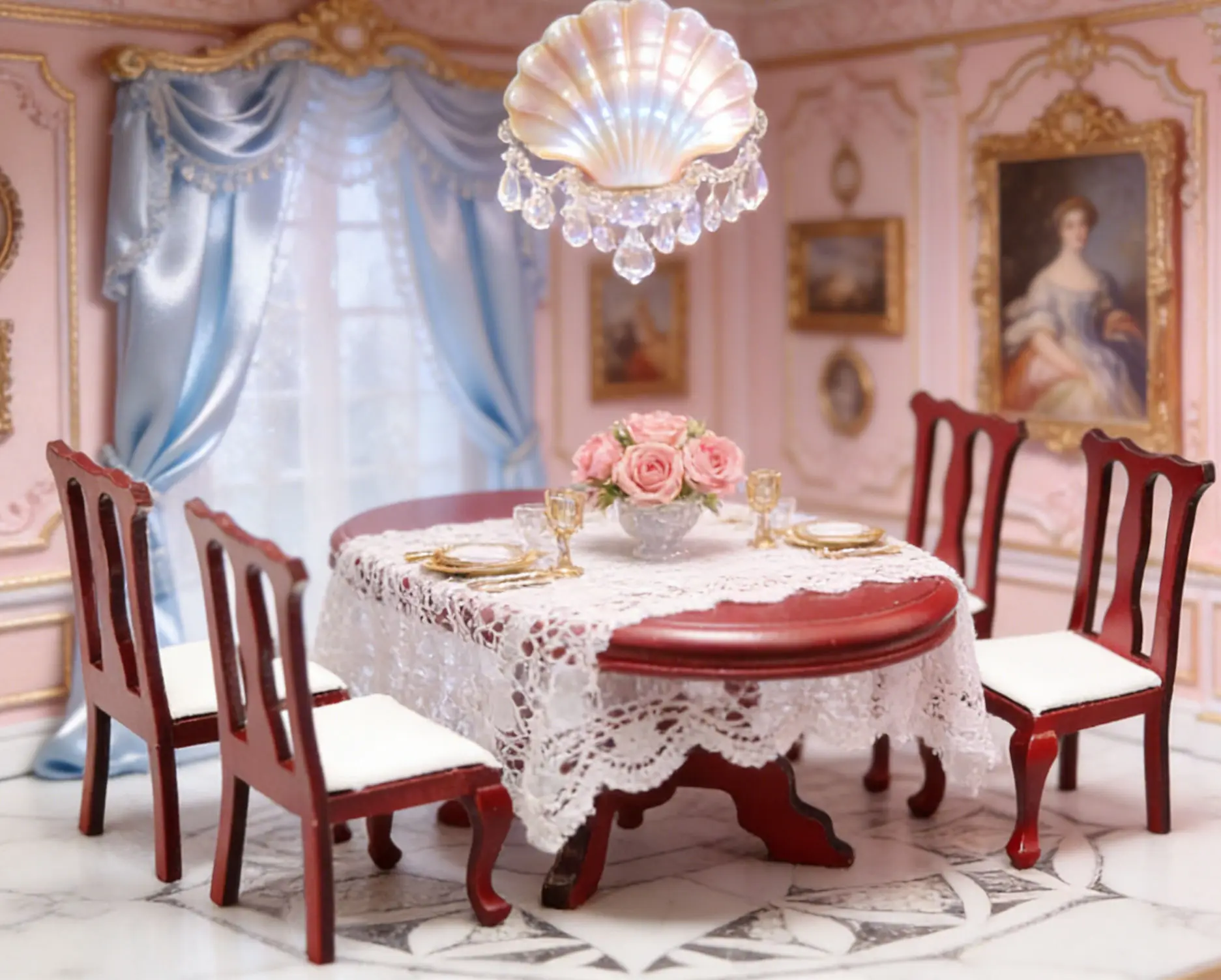 Set da pranzo retrò europeo in miniatura per casa delle bambole 1:12 - Tavolo e sedie ovali in mogano, eleganti mobili in micro scena per casa delle bambole
