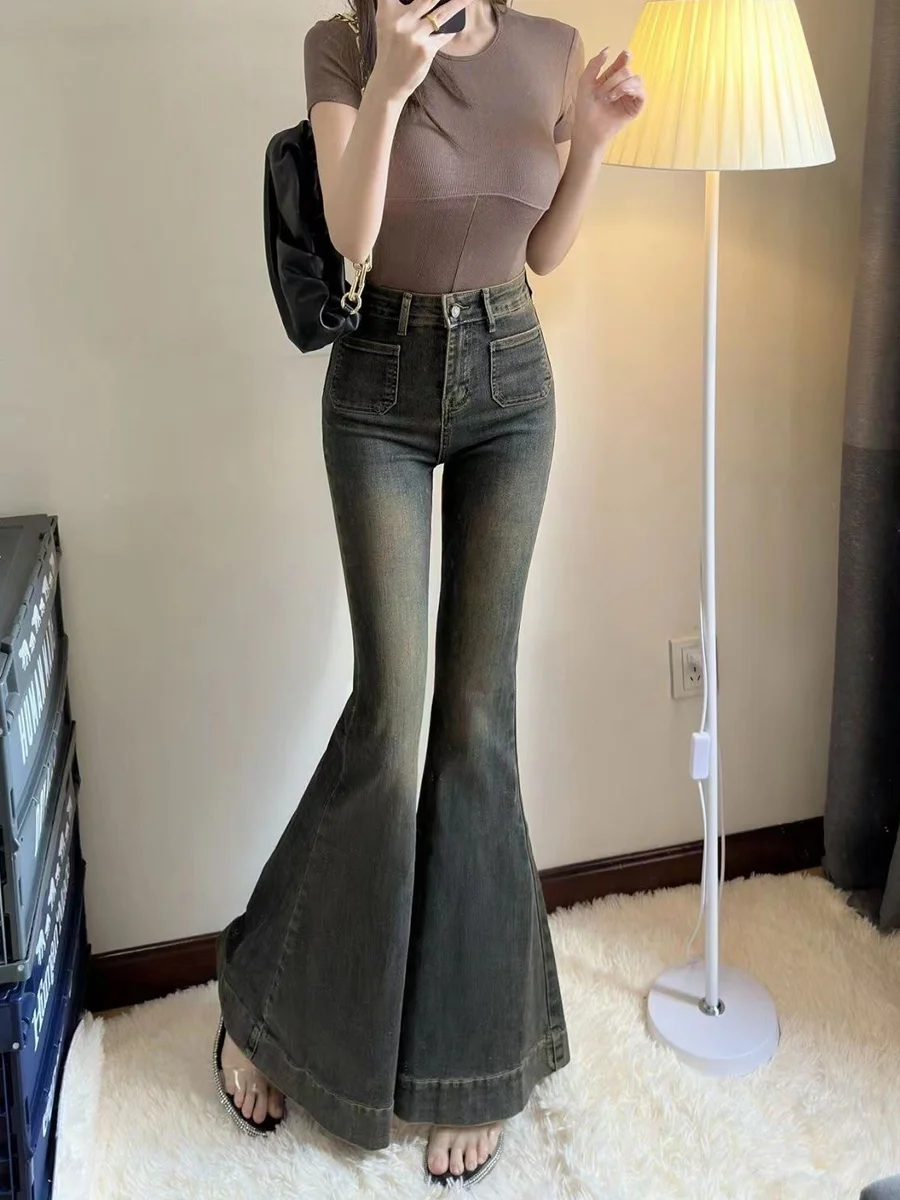 

Slim Fit High Waist Bell Bottom Jeans Women's Summer Elastic Washed out Fish Tail Denim Pants Long Trousers Blue Color