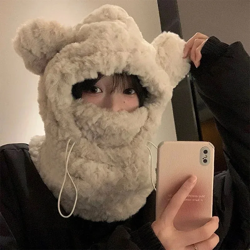 Women Winter Warm Hat Scarf Sets Plush Thickened All-in-one Kawaii Bear Ear Beanie Windproof Scarf Hooded Ear Protection Cap New