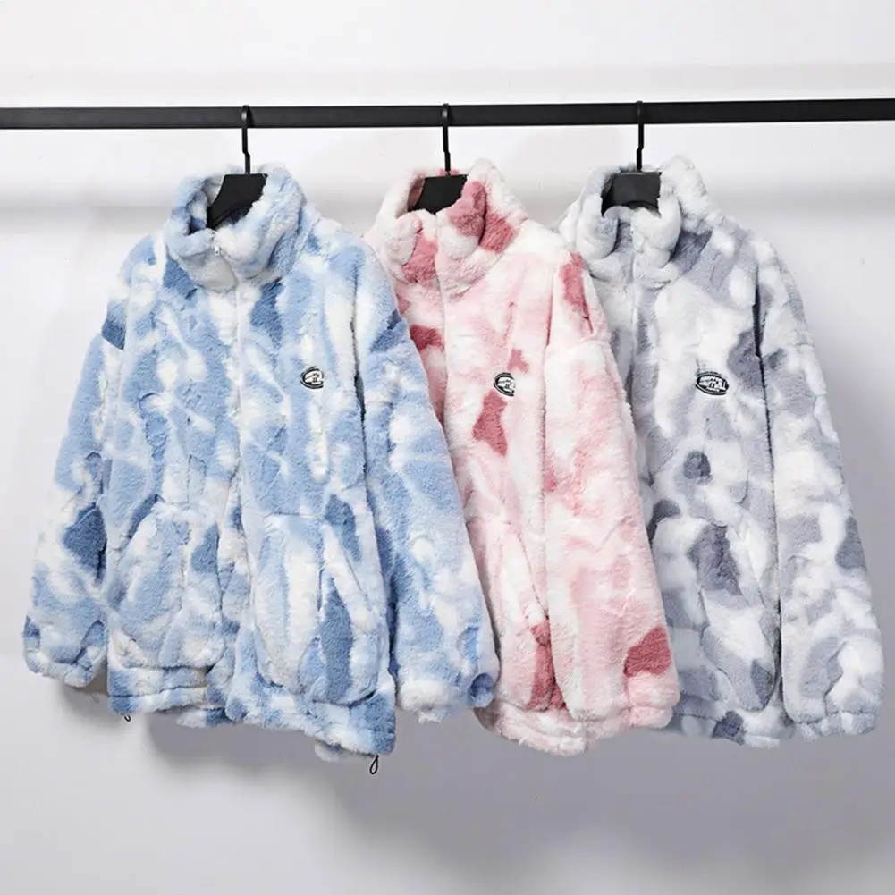 

Women Winter Coat Faux Fur Fleece Tie Dye Thickening Long Sleeves Cold-proof Soft Stand Collar Outdoor Coat for Daily Wear