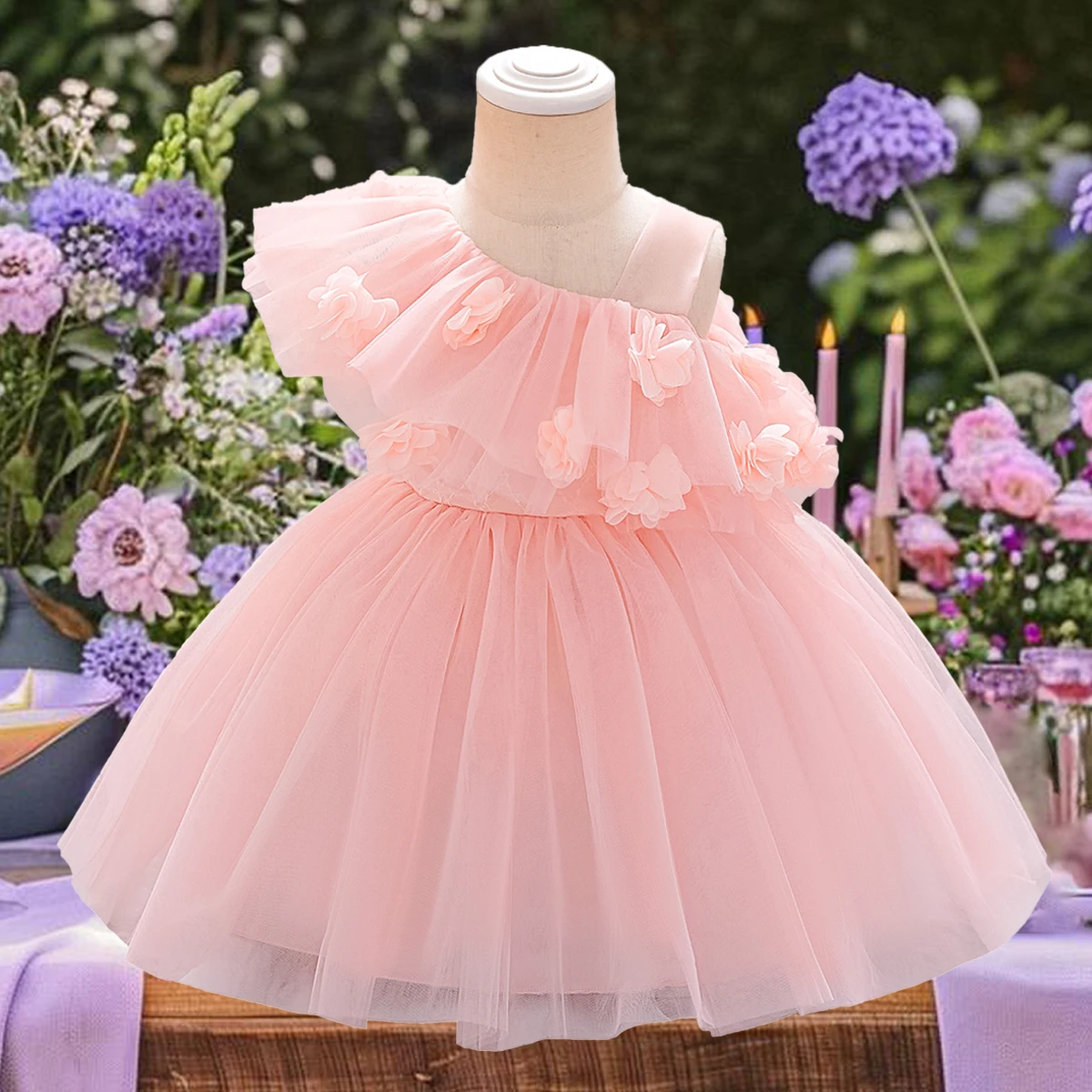 

Pink Flower Baby Party Girls Dress Elegant Baptism Tulle 1st Birthday Wedding Princess Dresses Girl Bridesmaids Evening Costumes