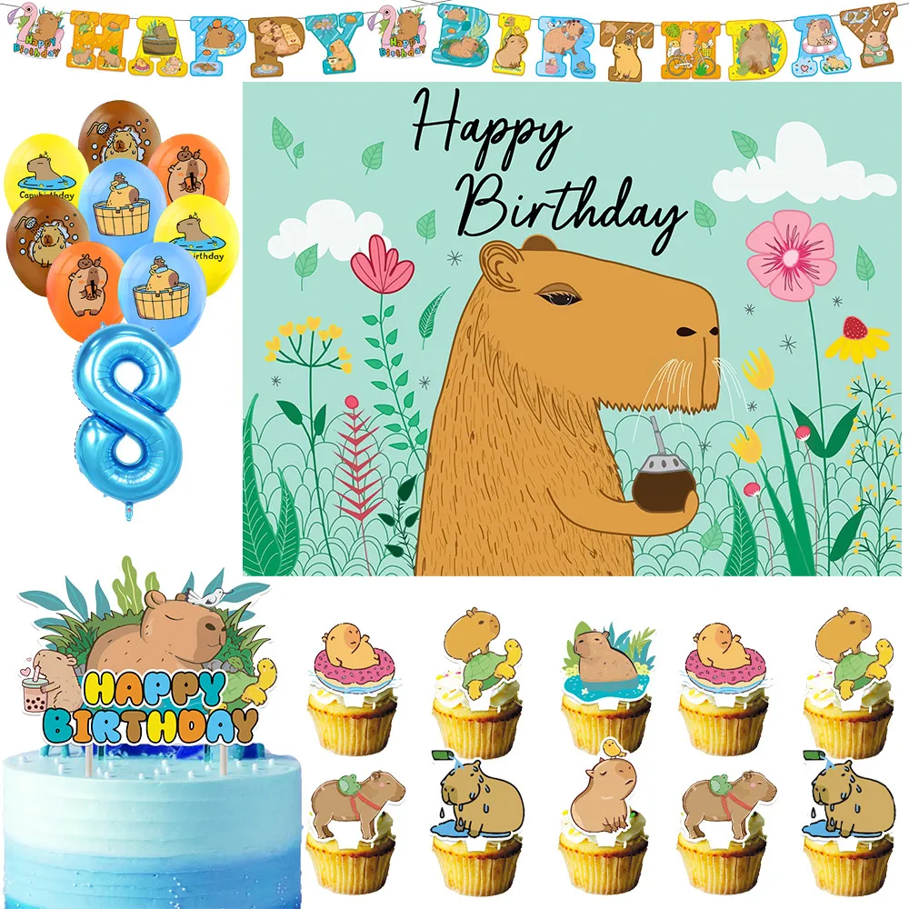 Cute Cartoon Capybara Birthday Party Decoration Supplie Cake Decoration Banner Numbers Balloon Background Suit Baby Shower Gift