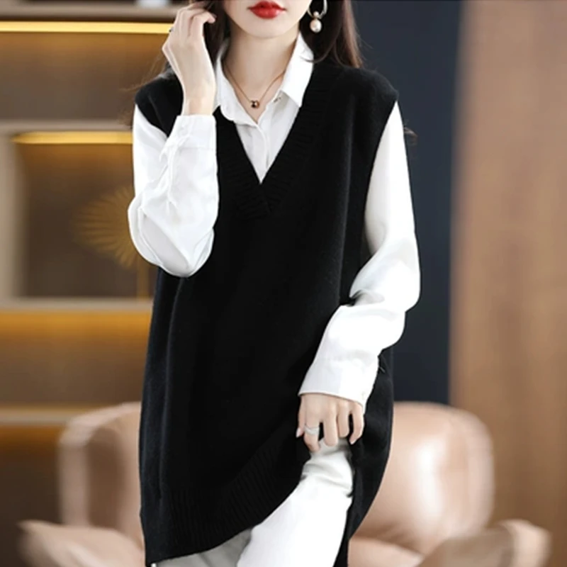 Autumn Winter New Cashmere Vest Sleeveless V-neck Loose Casual All-match Knitted Tunics Women Clothing Sweater Tops