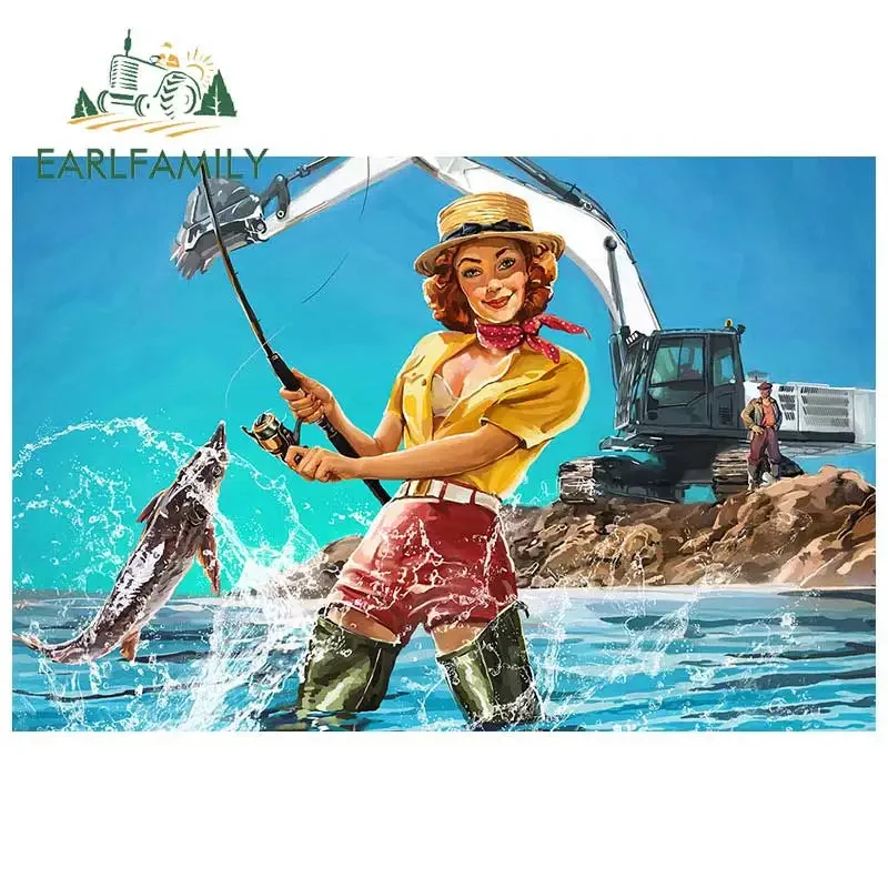 EARLFAMILY 13cm x 8.7cm Car Stickers Retro Catch On Fishing Pin Up Girl Decal Funny Car Styling Vinyl JDM Car Accessories