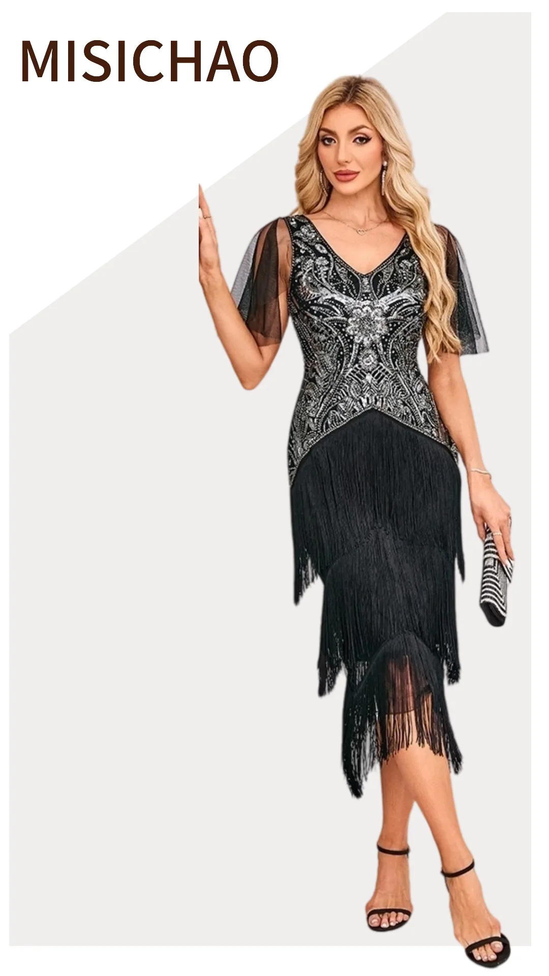 MISICHAO Vestido feminino flapper com decote em V, malha de lantejoulas e contas, manga curta, borla, franja, bainha, midi, vestido de coquetel de noite