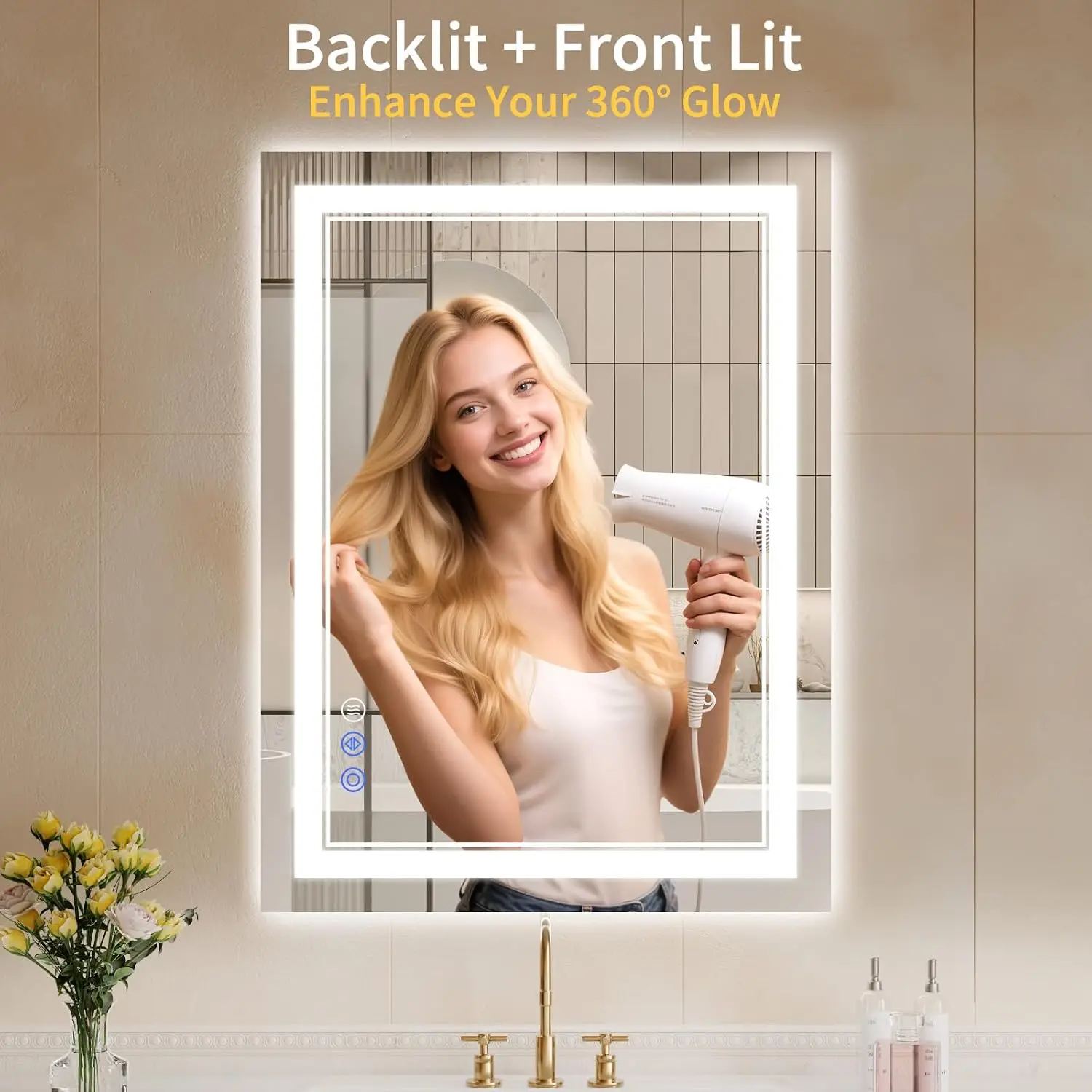 30x32 Inch Led Bathroom Mirror Lights Anti Fog Backlit Front Lit Dimmable Vanity Wall Lighted 3 Colors Shatter Proof Tempered Gl