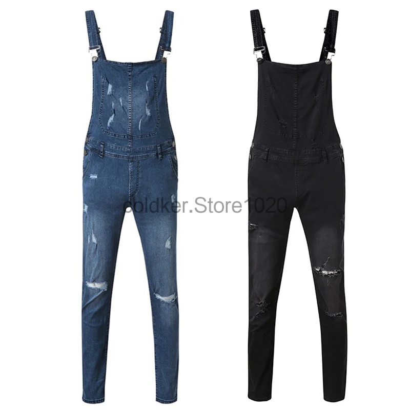 2024 Men's Fashion Ripped Jeans Jumpsuits High Street Ripped Denim Bib Overalls For Men Jeans Suspender Pants Male Slim Rompers