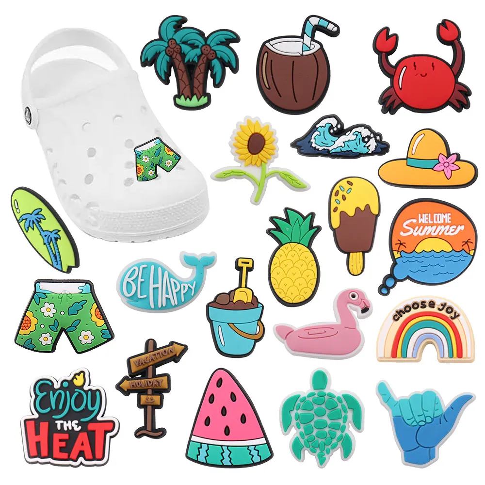 

Sell Retail 1-20pcs PVC Shoe Charms Summer Coconut Tree Waves Rainbow Accessories Shoes Decorations For Kids Party Present