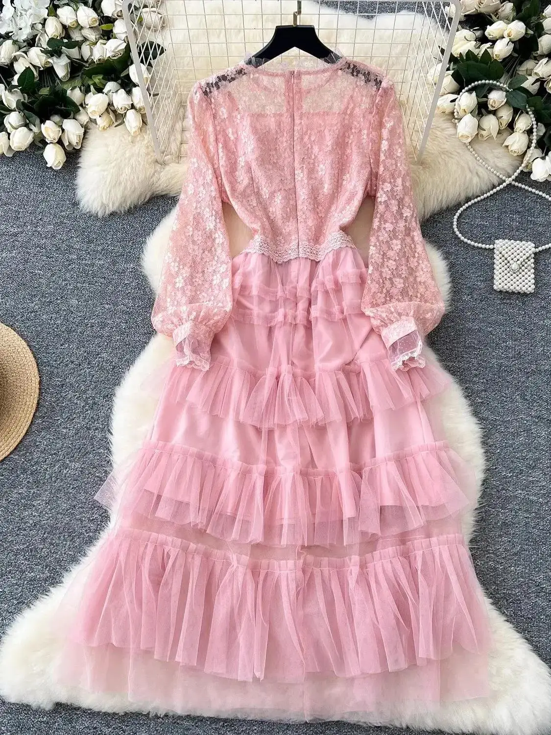 Sweet Cute Girls Pink Princess Dress Women Puff Sleeve Flower Lace Embroidery Splice Cascading Ruffles Mesh Cake Party Vestidos