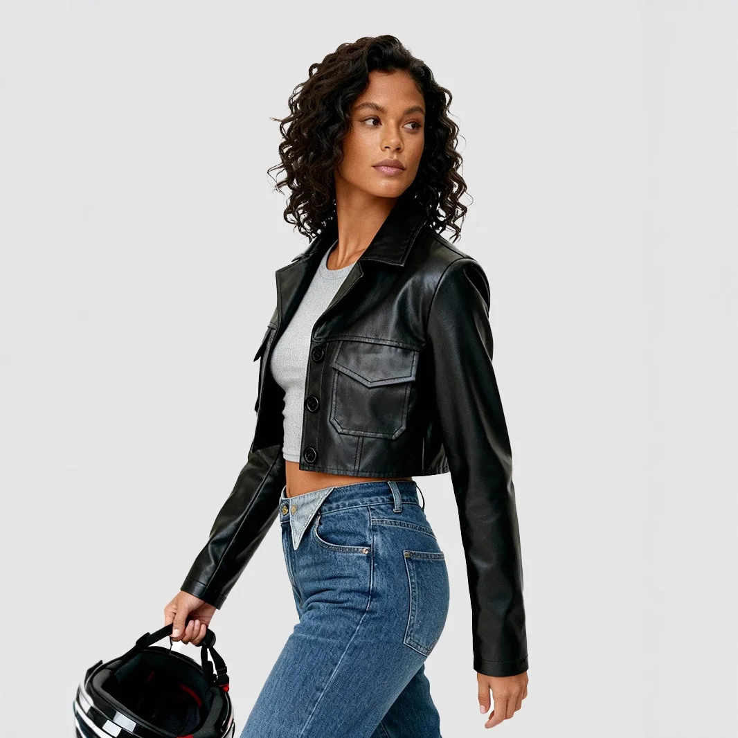 

Women's American Motorcycle Jacket - Color Block Leather Biker Coat, Winter Fashion