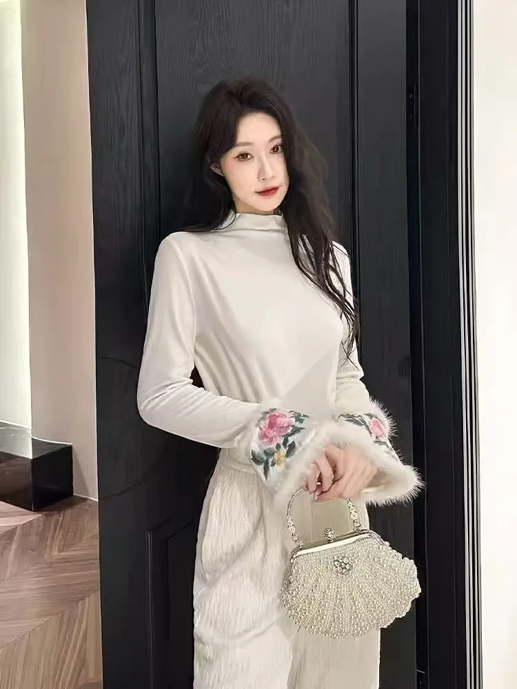 

Осенне-зимняя утепленная флисовая кофта в китайском стиле с вышивкой, круглым вырезом, теплая модная женская кофта с длинным рукавом