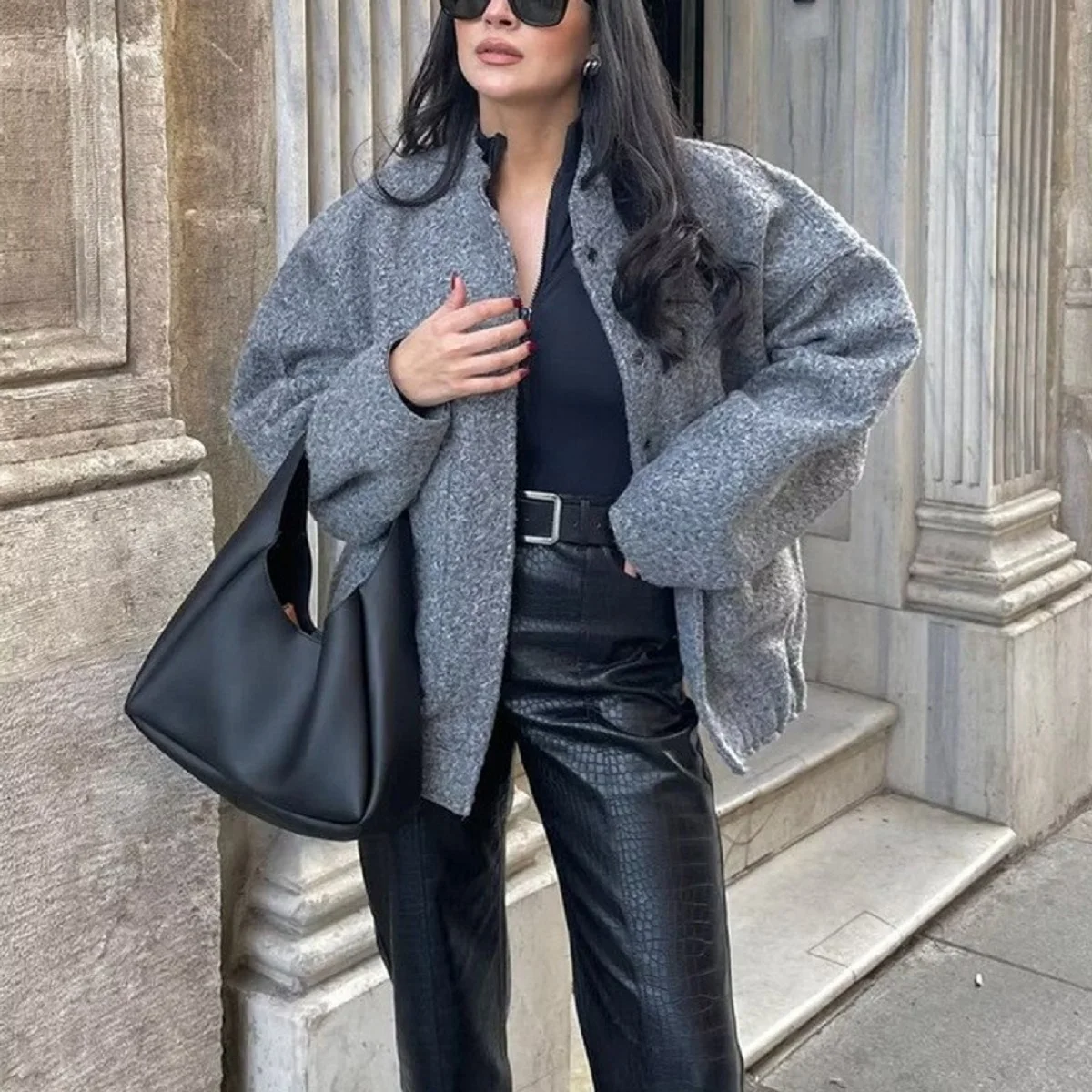 Women's Casual Long Sleeved Coat Solid Color Simple Cleanfit Stand Up Collar Single Breasted Large Pocket Loose Fit European Ame