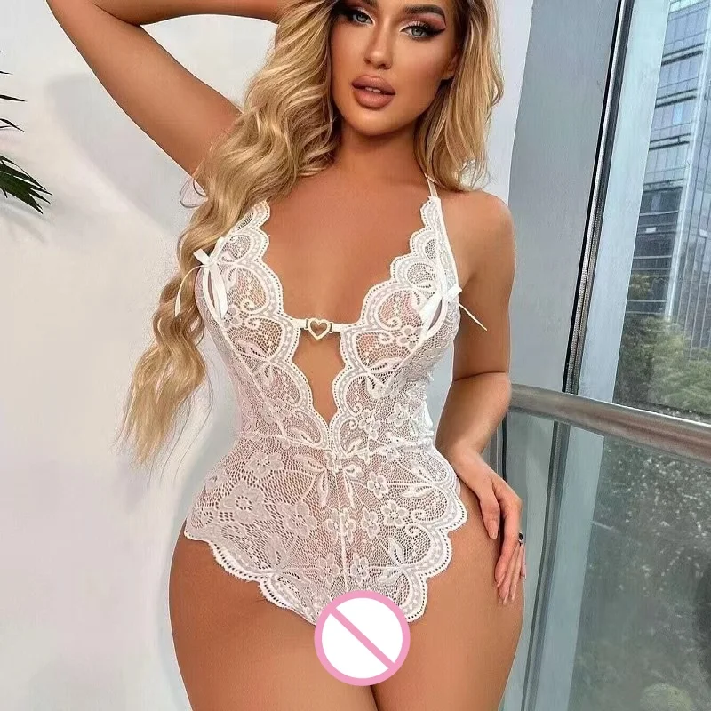 Naughty Sexy Lingerie Crotchless Lace Hollow Bodysuit Erotic Pajamas Teddy Babydoll Deep V Open Bra Porn Underwear