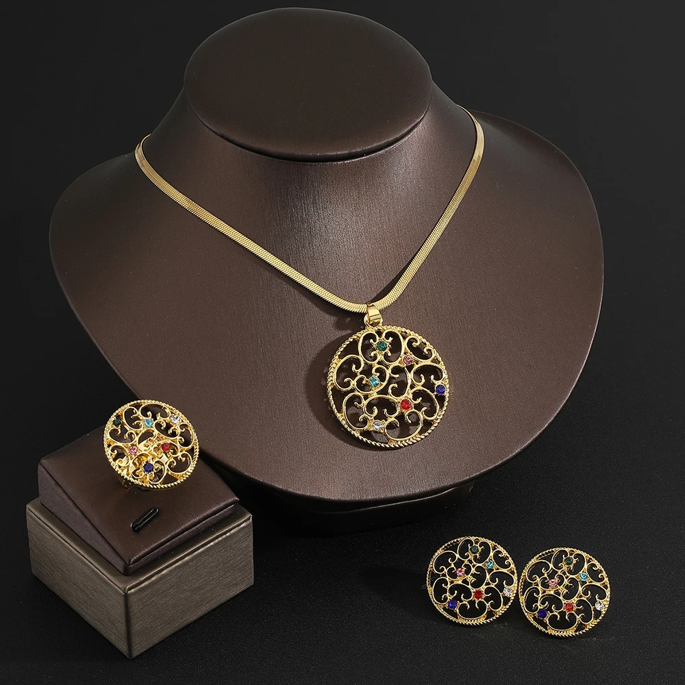 3 Pcs Gold-color Lady round Fashion Accessories Zircon Simple Ornate Exquisite Necklace Ring Earrings party wedding Jewelry Set